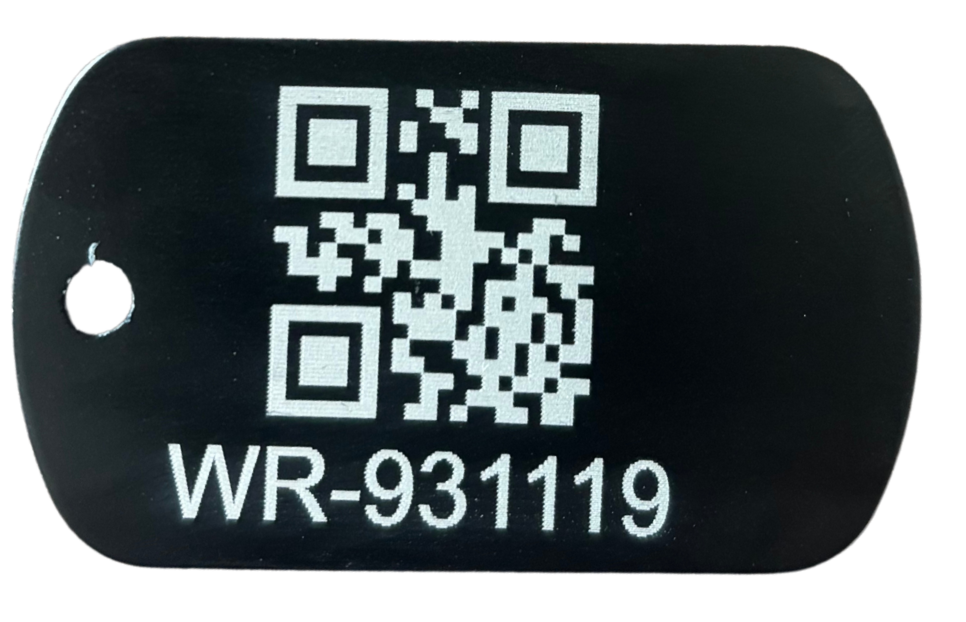 50 aluminum tags, black anodized, 2" X 1", dog tag style, laser engraved, 1 side, 1 hole